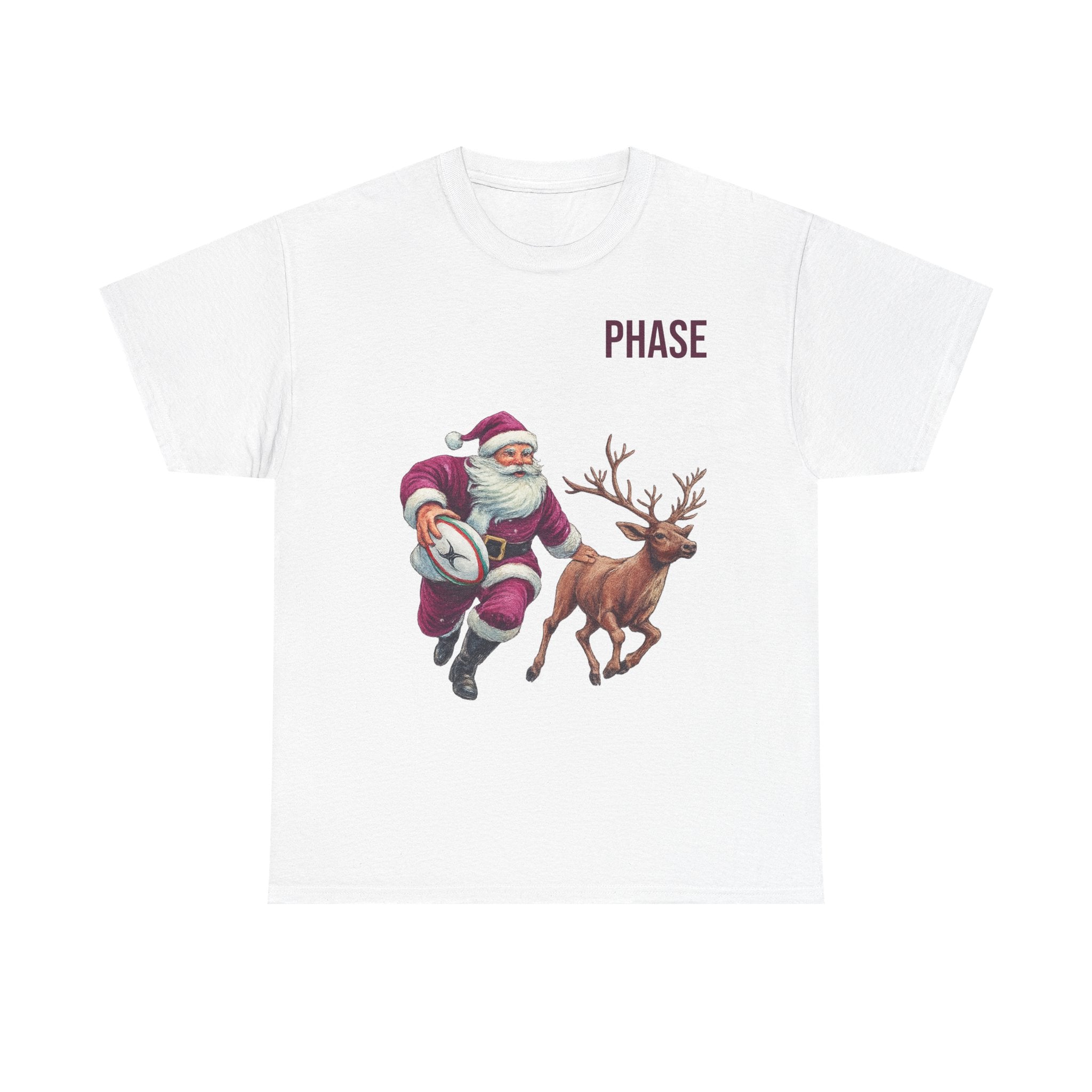 Santa & Reindeer Christmas T‑Shirt — 'PHASE' Holiday Graphic Tee