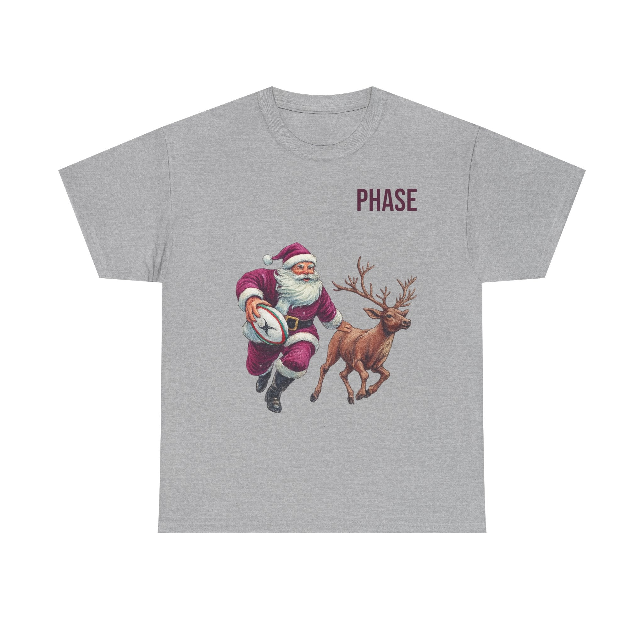Santa & Reindeer Christmas T‑Shirt — 'PHASE' Holiday Graphic Tee