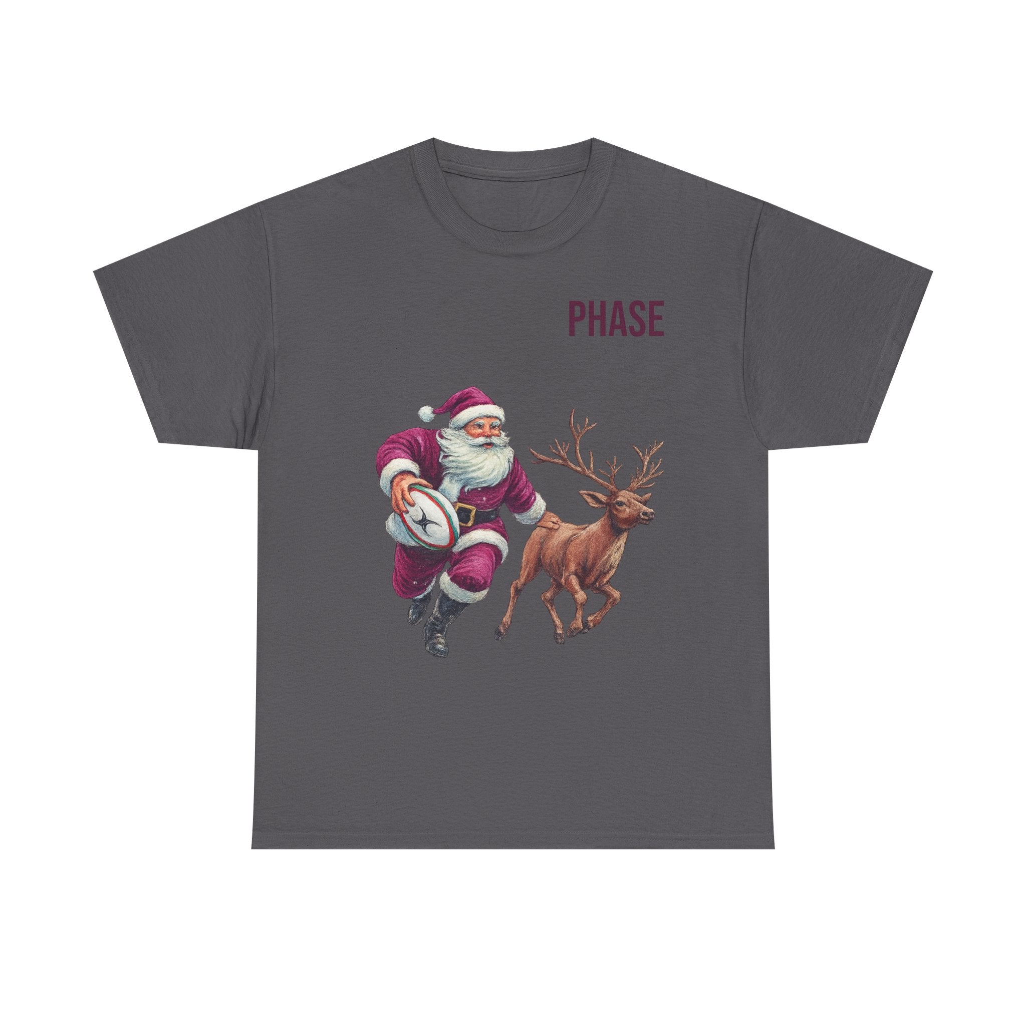 Santa & Reindeer Christmas T‑Shirt — 'PHASE' Holiday Graphic Tee