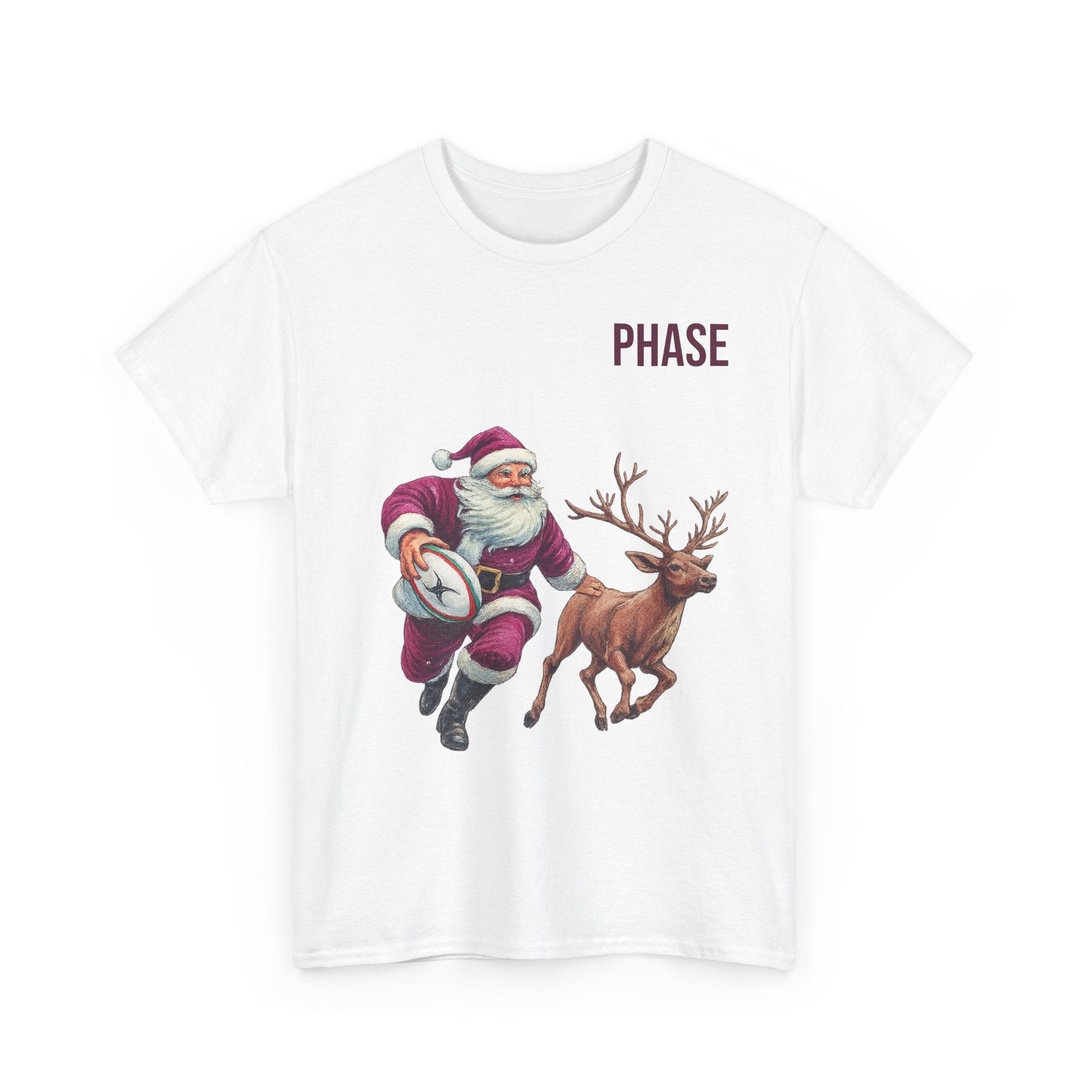 Santa & Reindeer Christmas T‑Shirt — 'PHASE' Holiday Graphic Tee