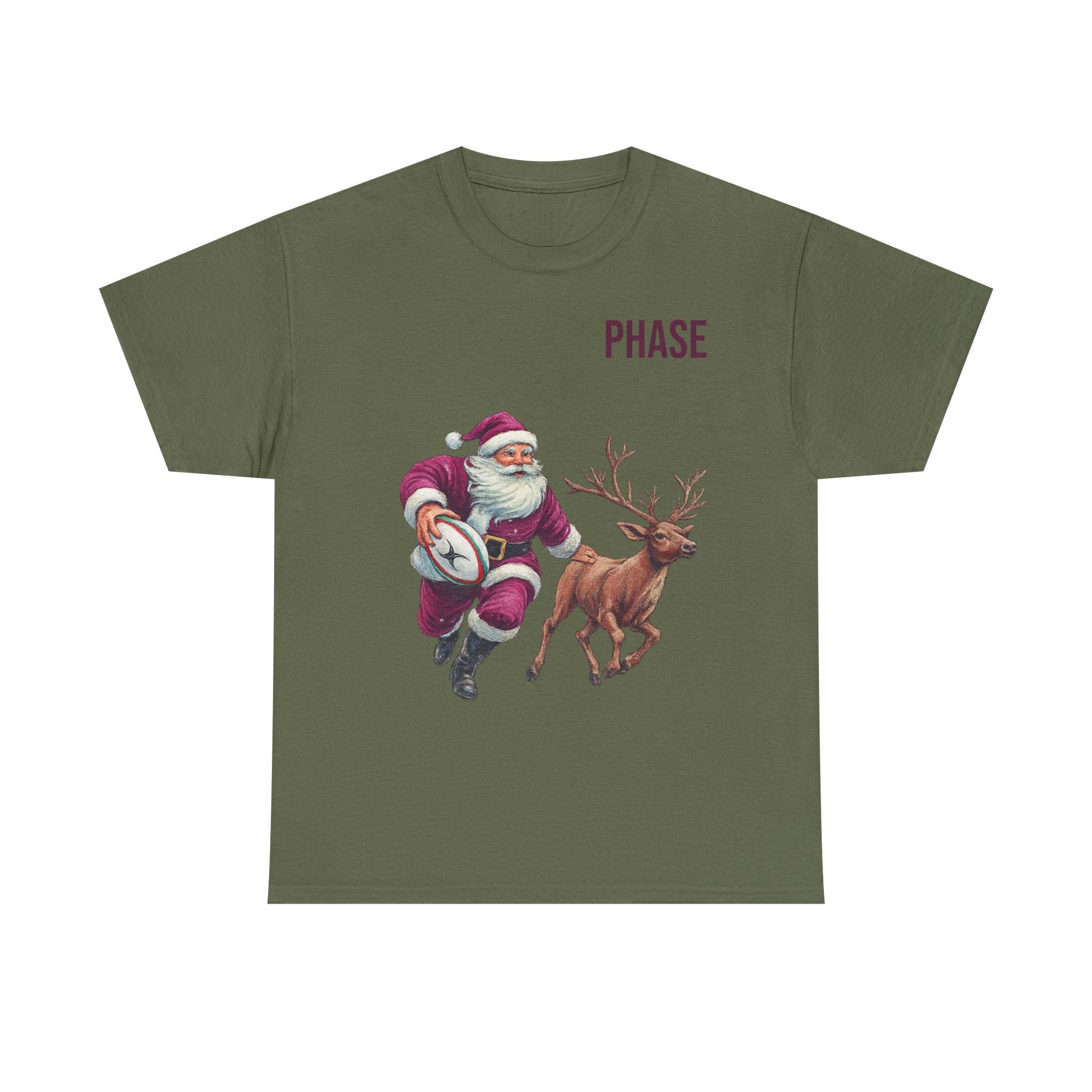Santa & Reindeer Christmas T‑Shirt — 'PHASE' Holiday Graphic Tee