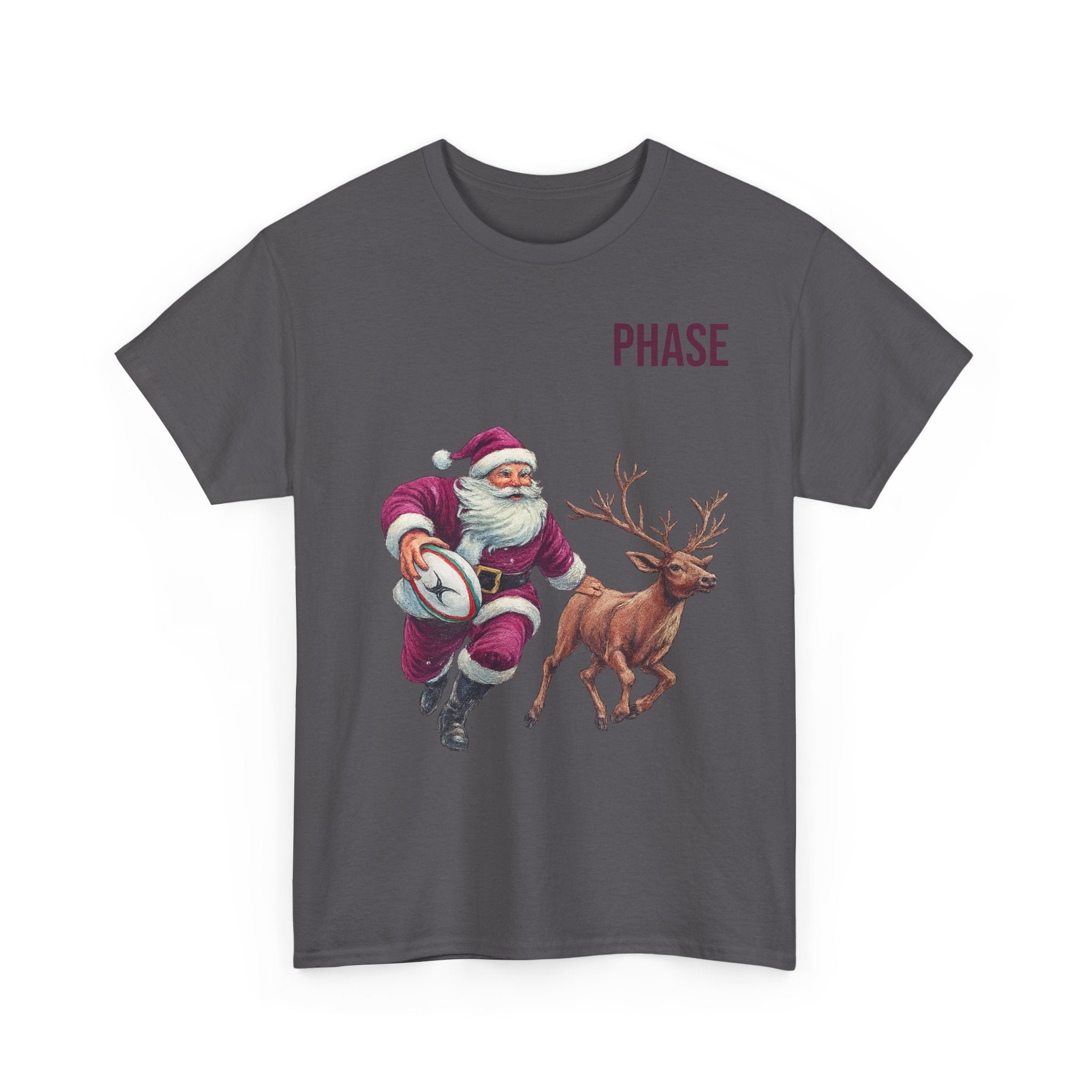 Santa & Reindeer Christmas T‑Shirt — 'PHASE' Holiday Graphic Tee